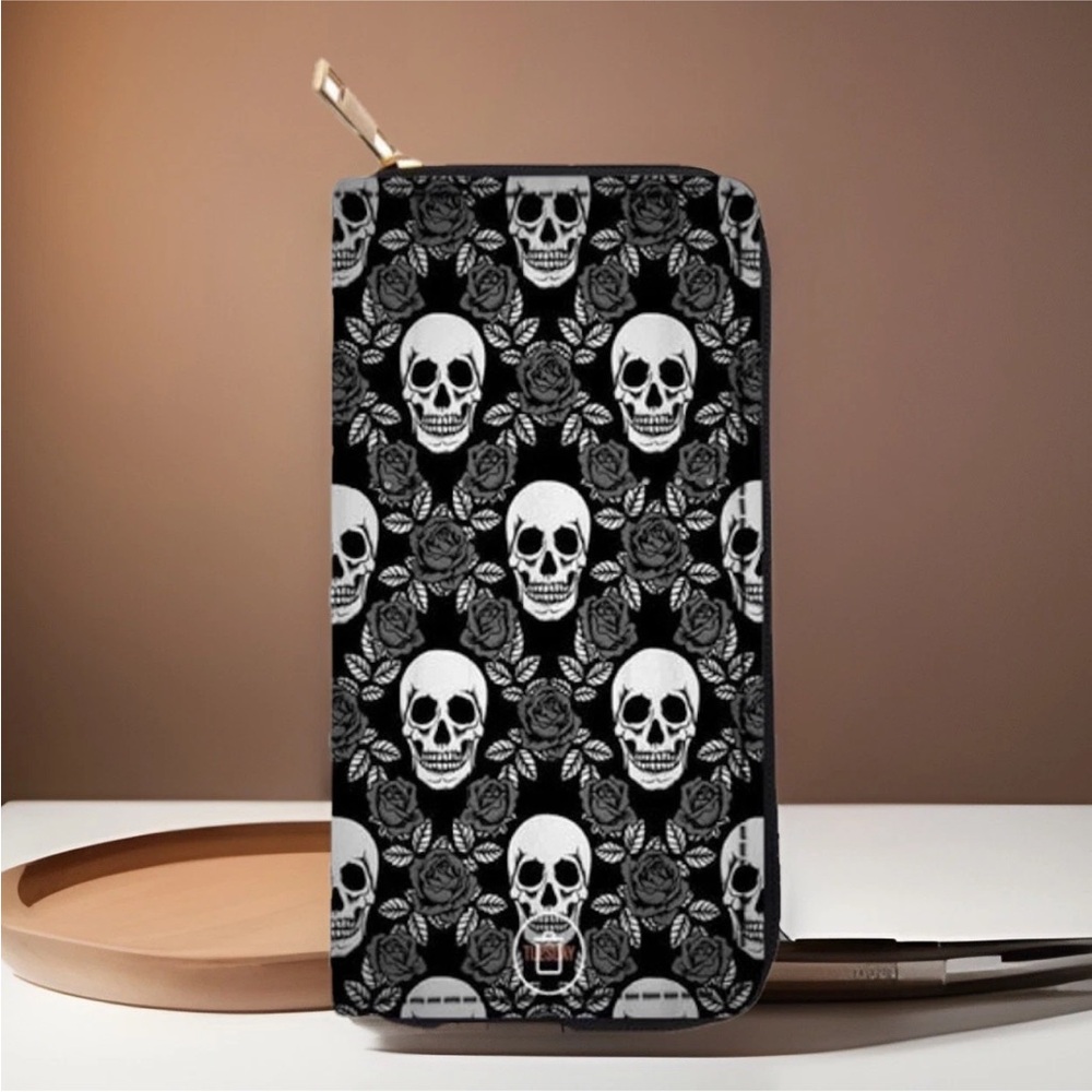 NEW Skulls & Roses Zip Around Black And White Faux Leather Wallet